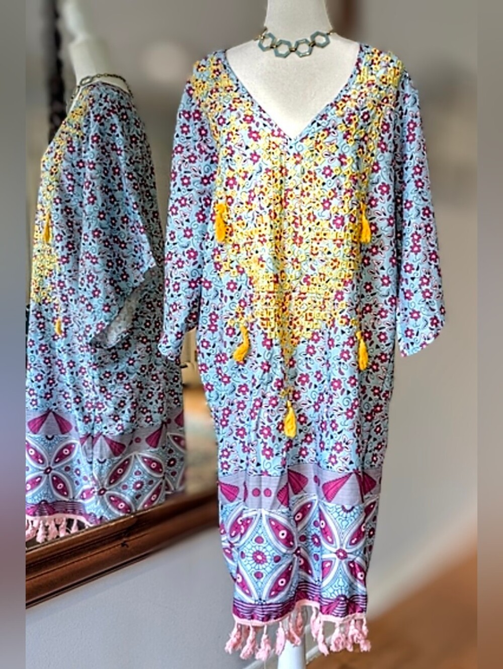 Boho Floral Tassel Caftan Dress in Light Blue & Pink